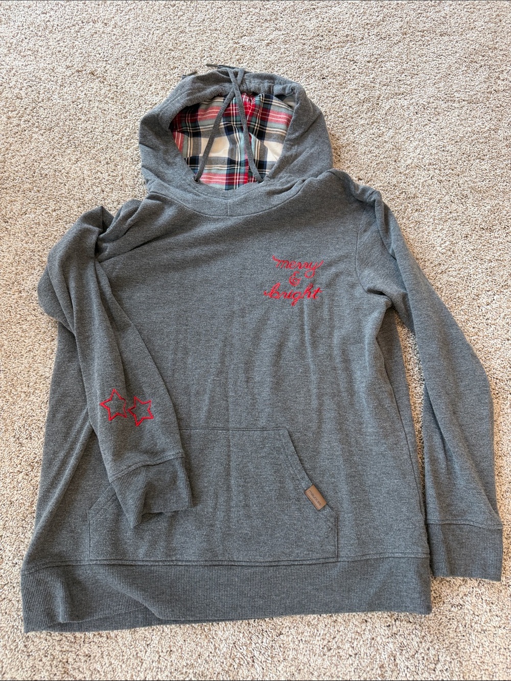 Holiday hoodie! Gray, plaid "merry & bright" sweatshirt, sleeve detail, L